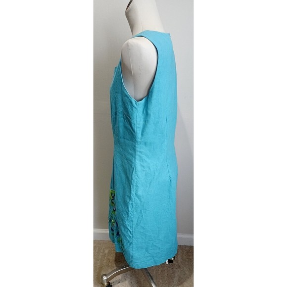 Vintage Betsy Lauren Linen Dress Turquoise Embroidered Flowers Size 12 Lined - Picture 2 of 7